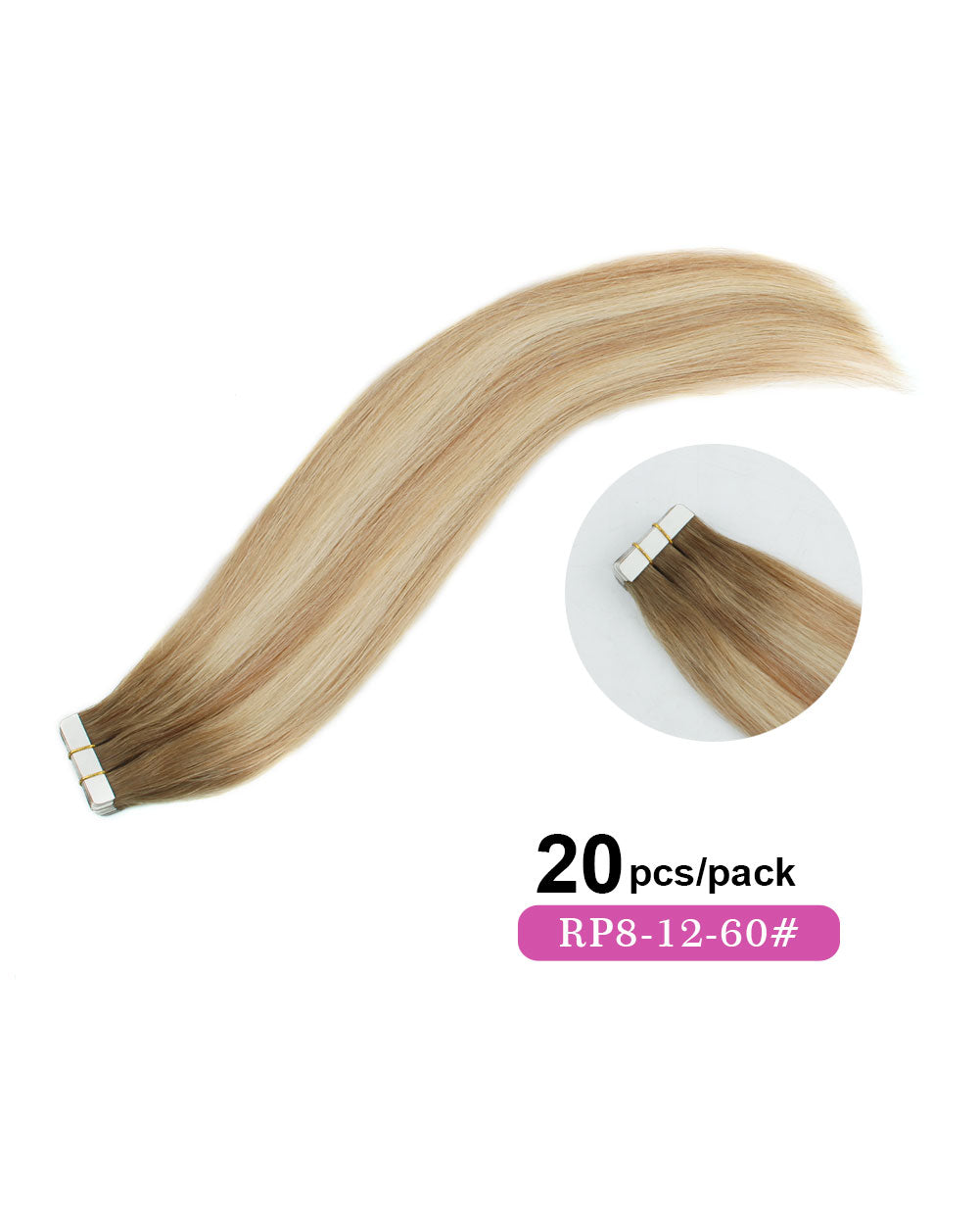 18 inch Tape In Hair Extensions Rooted Highlights R8/P12-60# Real 100% Human Remy Hair