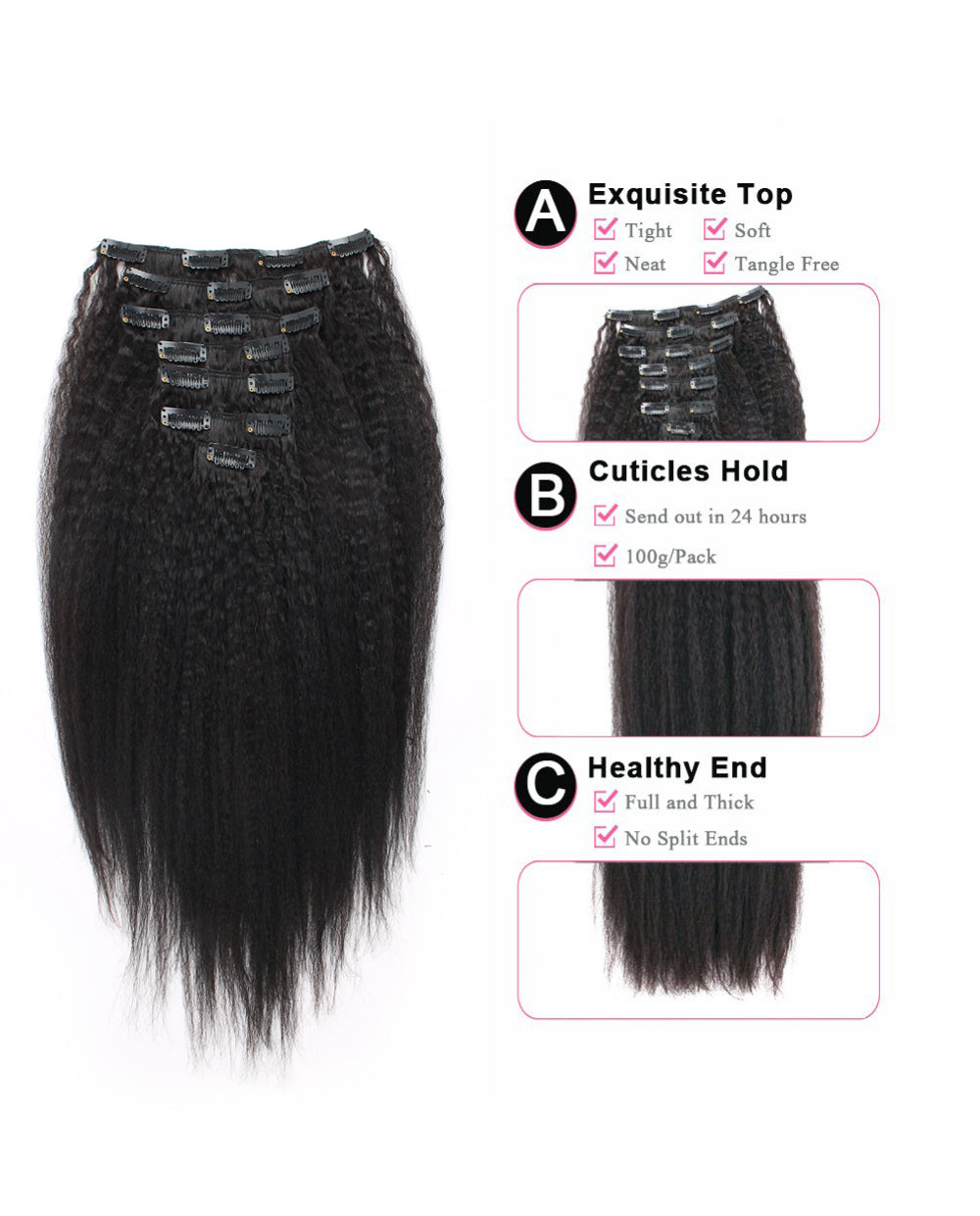 22inch Kinky Straight Clip in Remy Human Hair Extensions