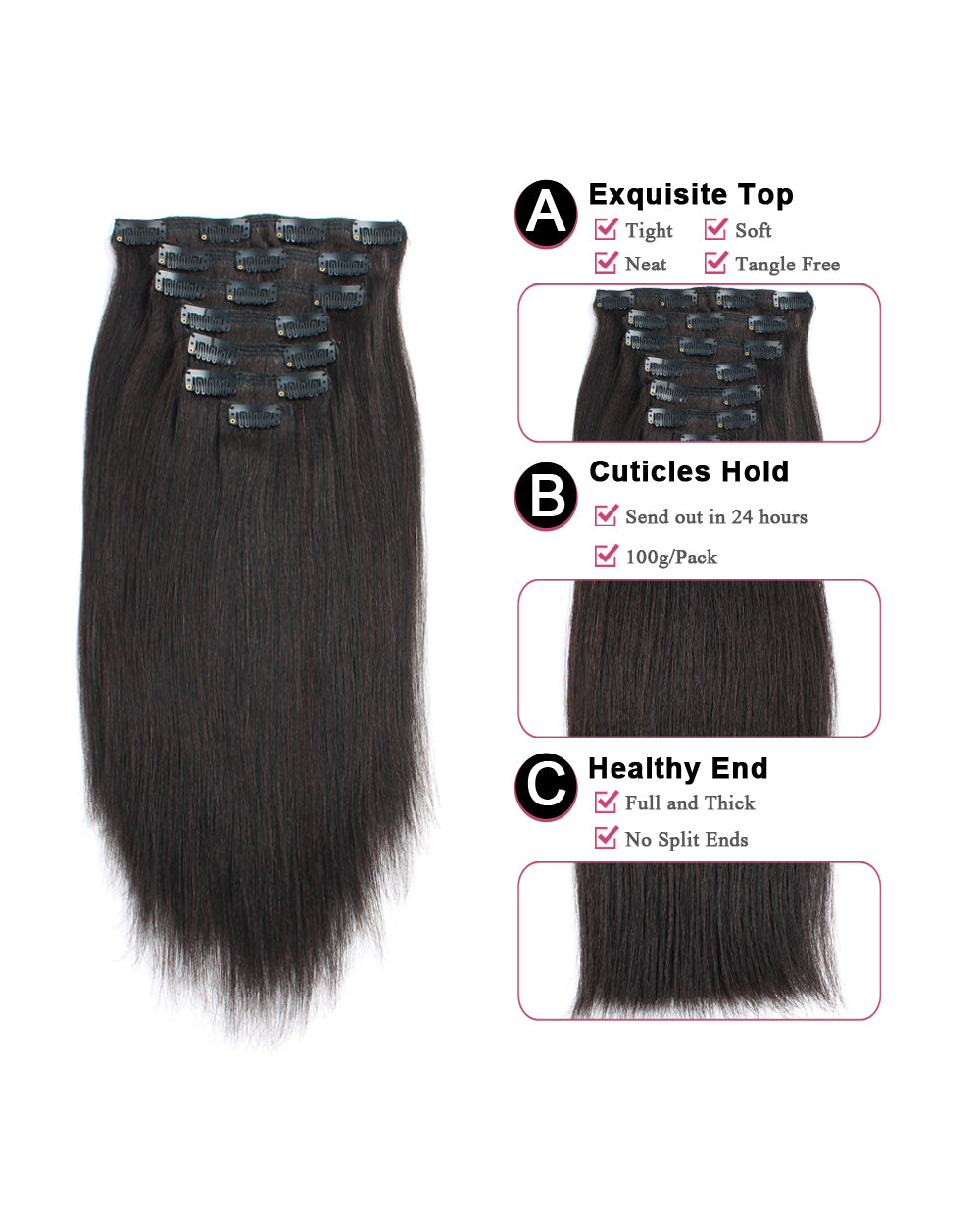 20 inch Yaki Straight Clip In Human Hair Extensions for African American