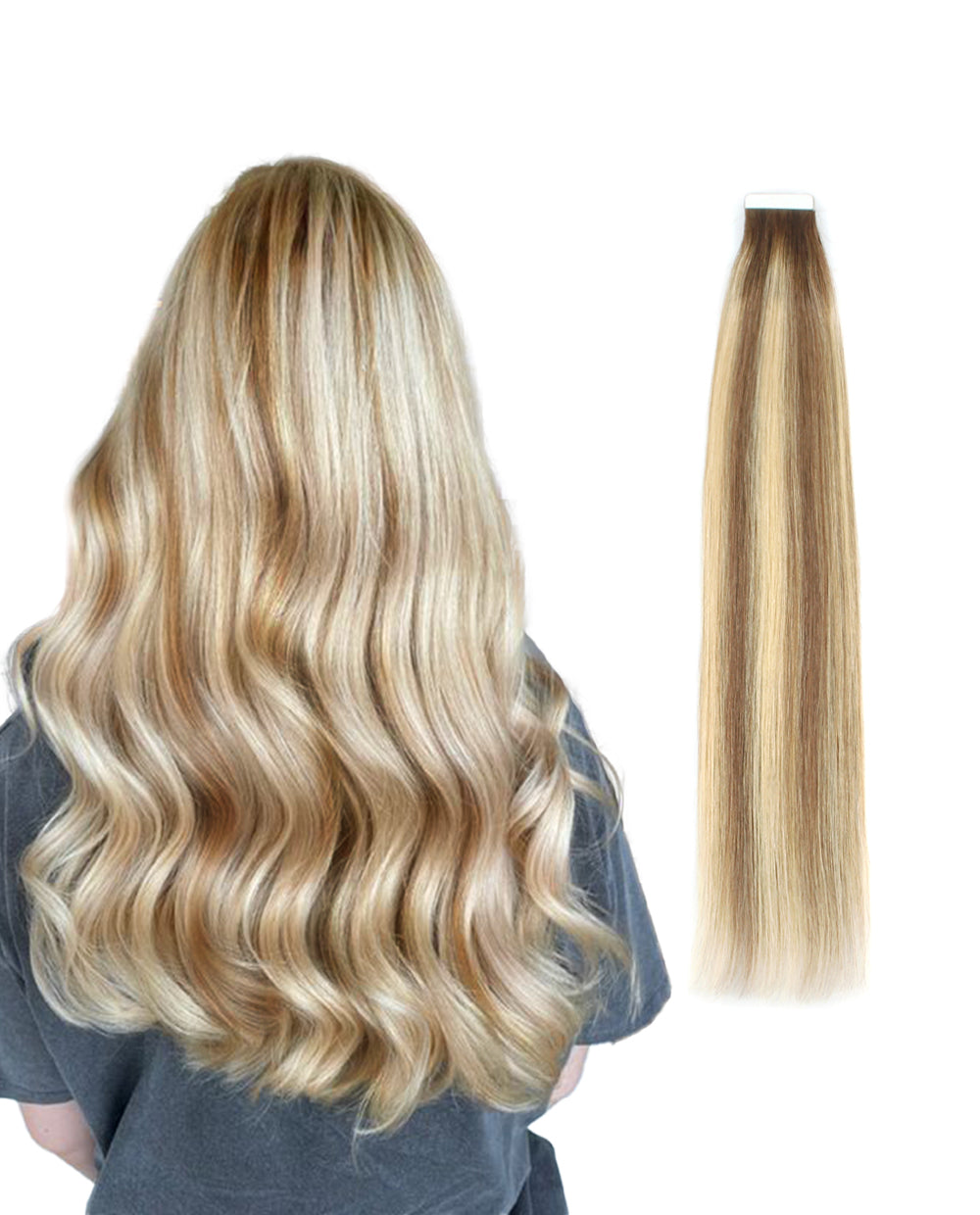 20 inch Tape In Hair Extensions Rooted Highlights R3/P8-613# Real 100% Human Remy Hair