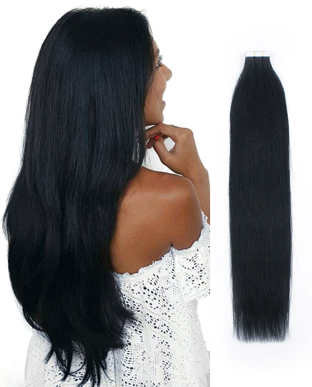 14 inch Tape In Hair Extensions Jet Black Real 100% Human Remy Hair